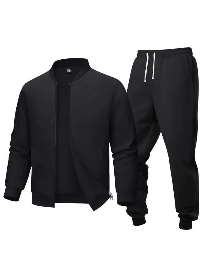 2 Pieces Men's Polyster Fleece Plain Zipper Track Suit